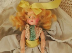 6" BLONDE MOHAIR WIG VINTAGE HARD PLASTIC DOLL, GREY OUTFIT
